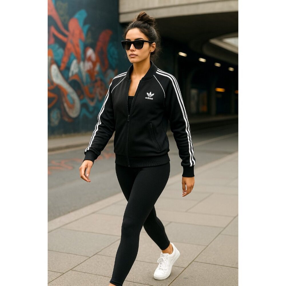 adidas Black Track Jacket with White Stripes and Trefoil